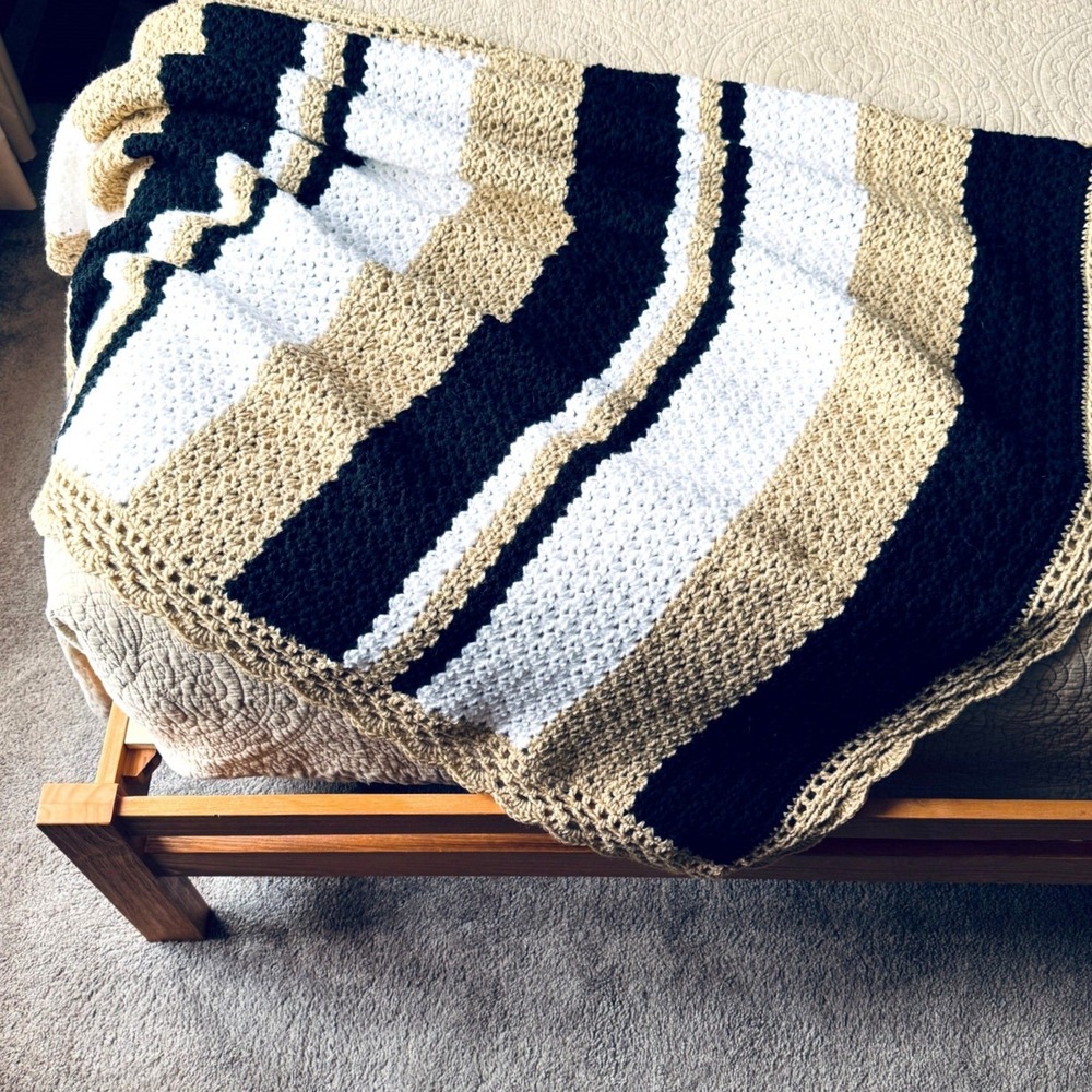 Crochet Afghan Blanket Handmade New Stripe Tan Black White Throw 52x44 Cozy Gift